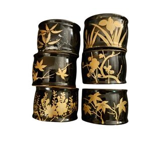 Asian Hand Painted Black Lacquered Napkin Rings With Gold Botanicals Set Of 6